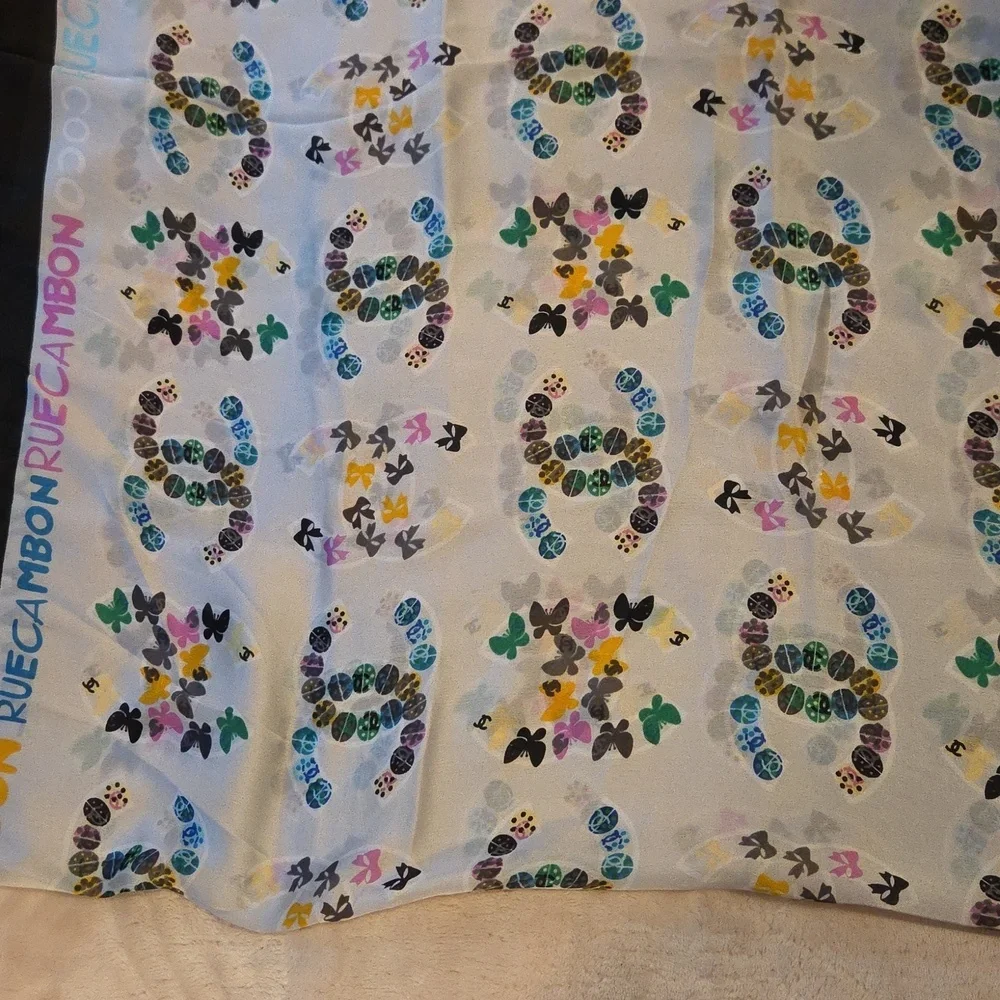 Chanel Coco RueCambon Cream Silk Scarf with Multicolor Logo‎ Pattern